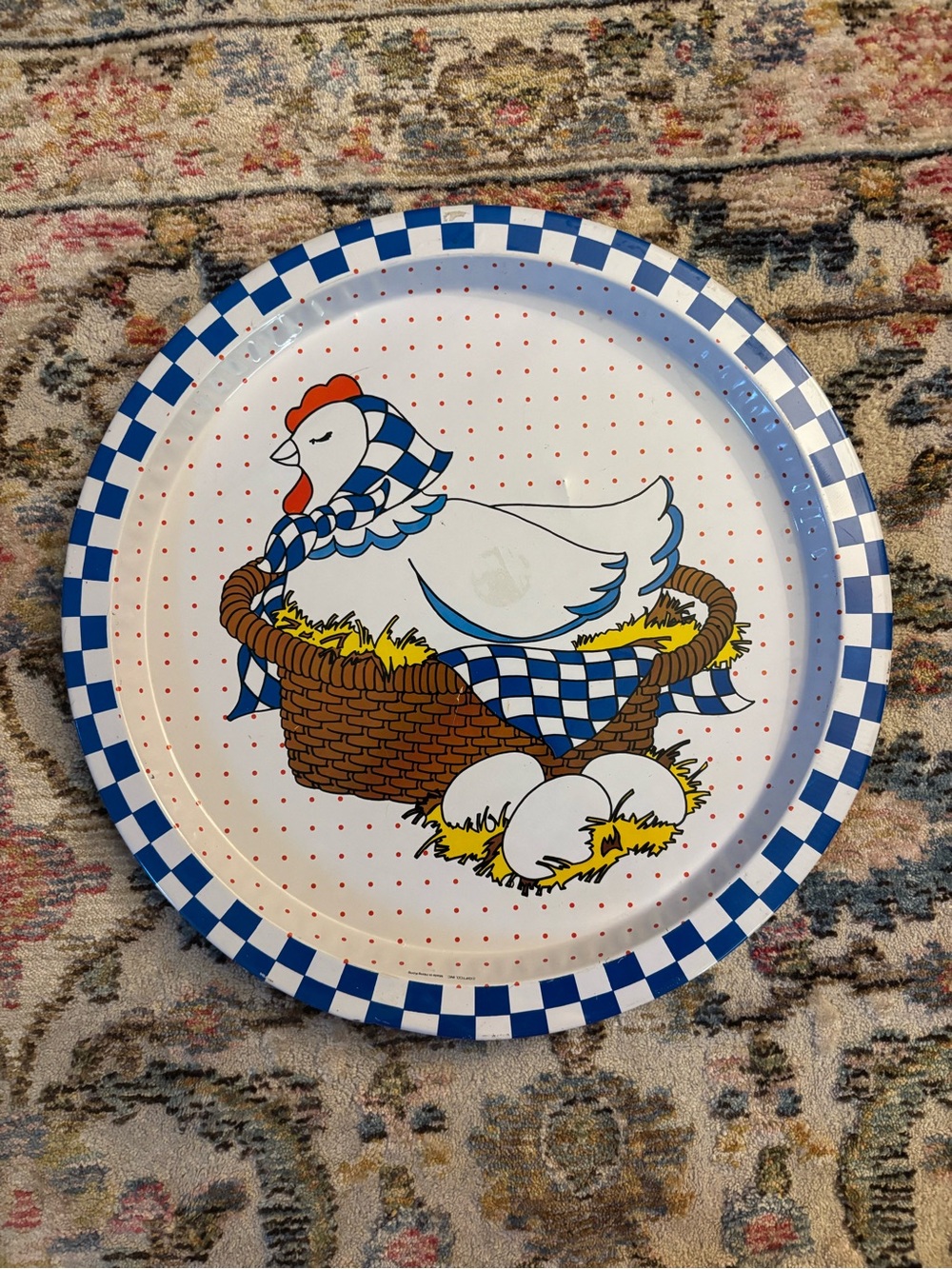 Vintage GIFTCO Metal Serving Tray 12" Chicken Hen in Basket Eggs Blue Gingham Fa